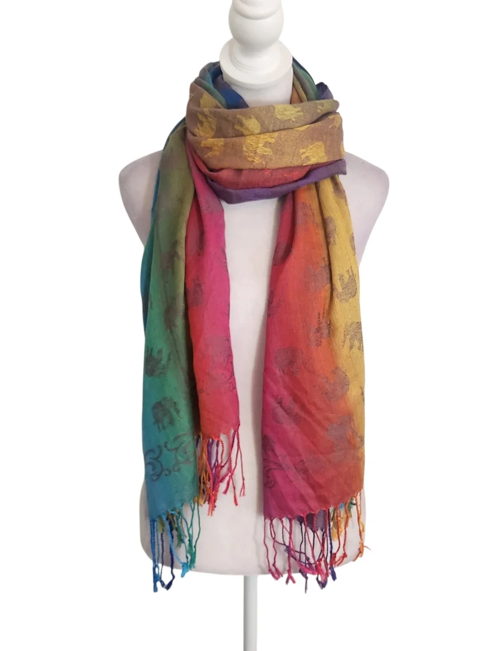 Pashmina Rainbow Elephant Print Scarf with Fringe 68 x 26